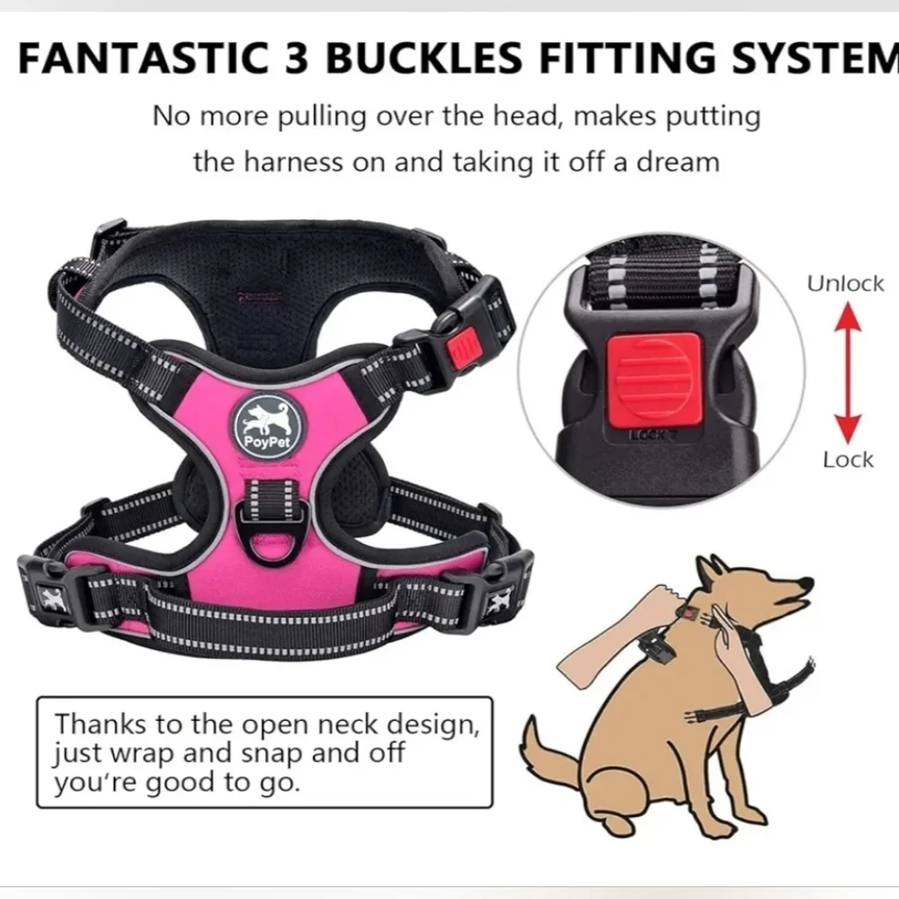 PoyPet NIB Pink/Black No Pull Reflective Dog Harness Size Small